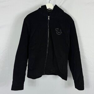 True Religion Corduroy Hooded Coat Jacket Size Medium Black Stitched Horseshoe